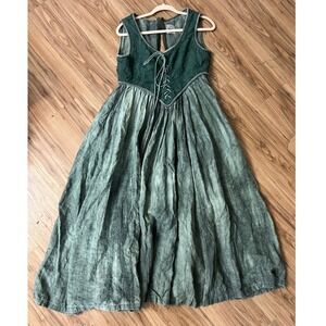Comfort First Dress Womens Sz L Medieval Linen Lace Up Empire Waist Green Washed